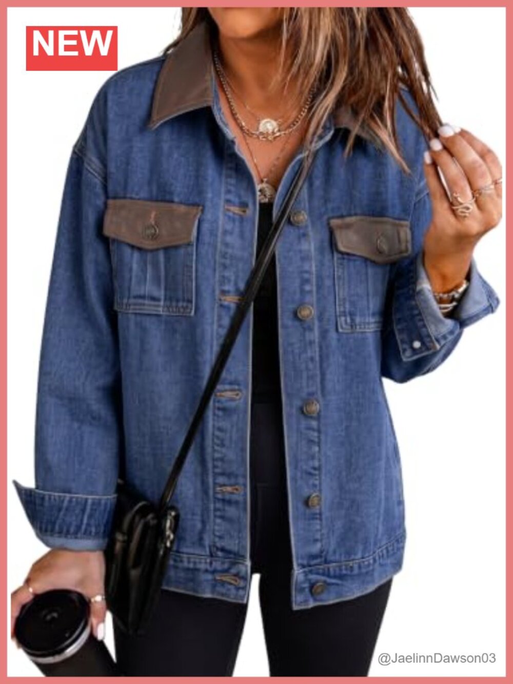 Womens Boyfriend Washed Denim Jean Jacket Faux Leather Accents Loose Fit